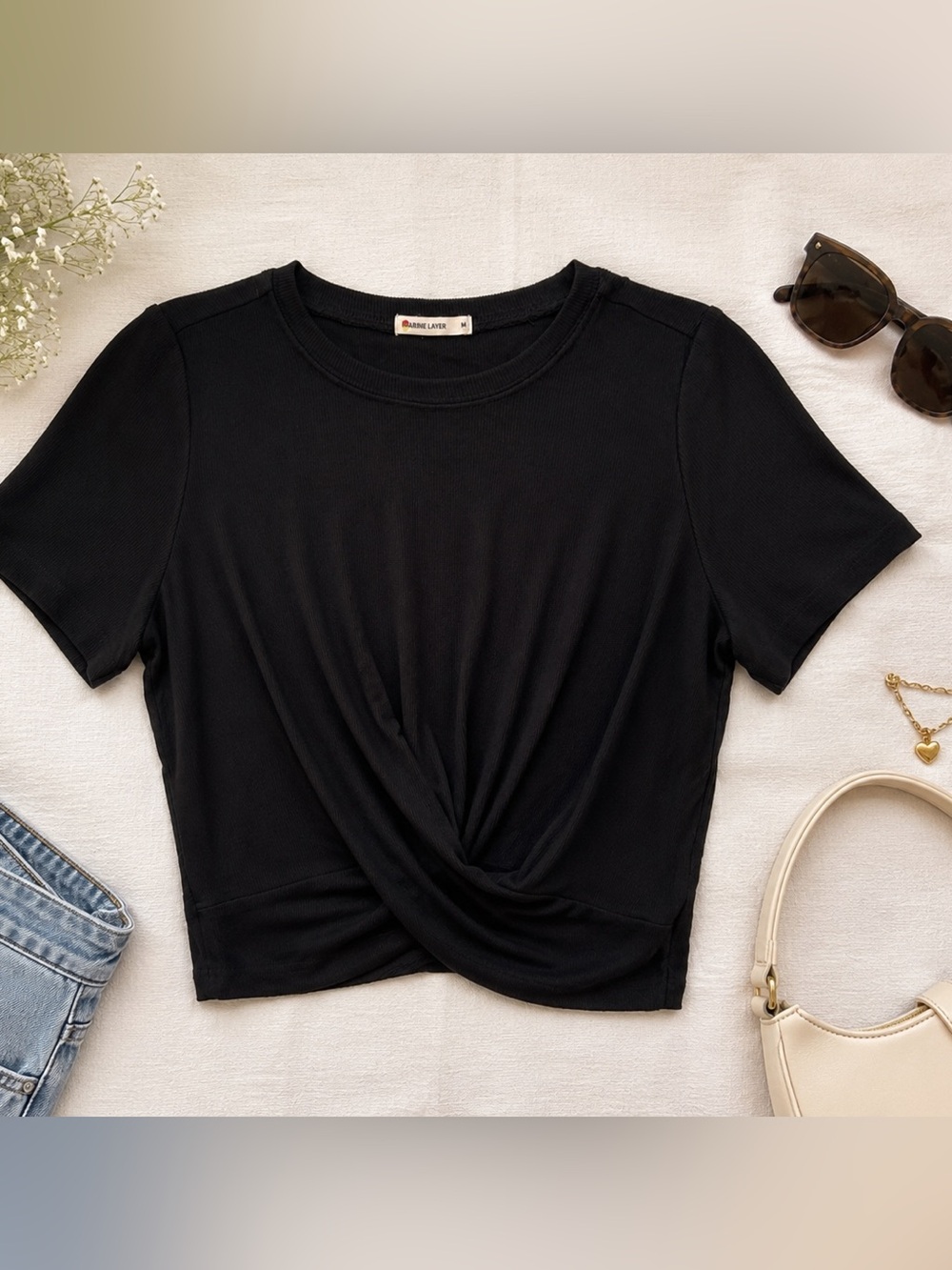 Marine Layer Black Twist Front Ribbed Cropped Tee Size M